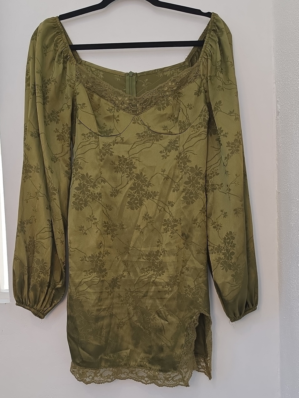 Shein Olive Green Jacquard Lantern Sleeve Lace Trim Satin Dress XS